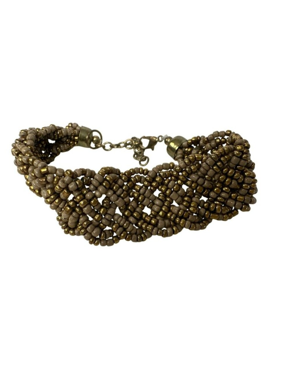 Braided Beaded Bracelet Gold & Taupe Seed Beads Handmade Jewelry 9 Inches
